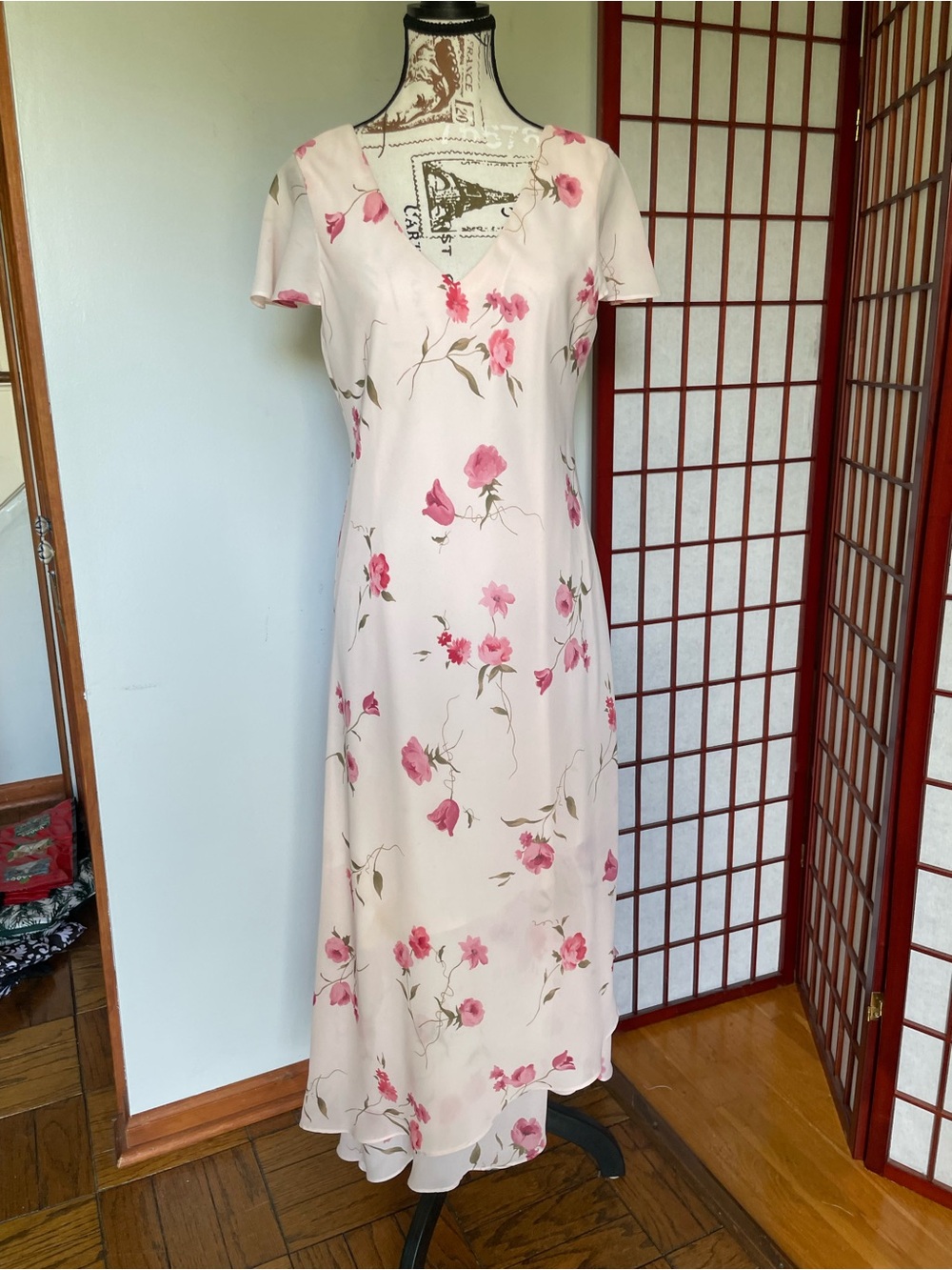 Vintage y2k Floral V-Neck Women's Maxi Dress, Size 12